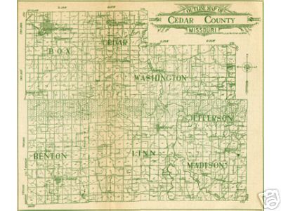 Early map of Cedar County, Missouri including Stockton, Eldorado Springs, Jerico Springs, Caplinger Mills, Cedar Springs